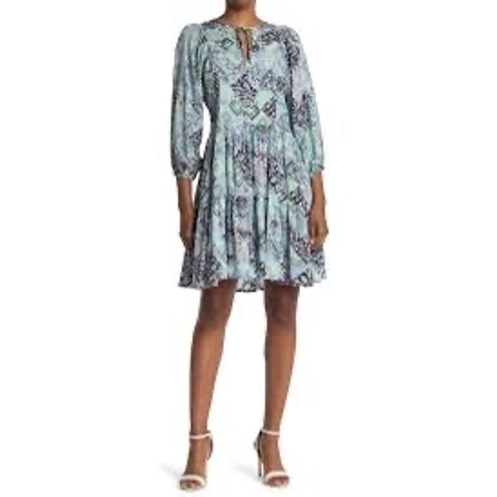 Calvin Klein Blue Patchwork Print Tiered Dress Size 4 - Picture 1 of 5